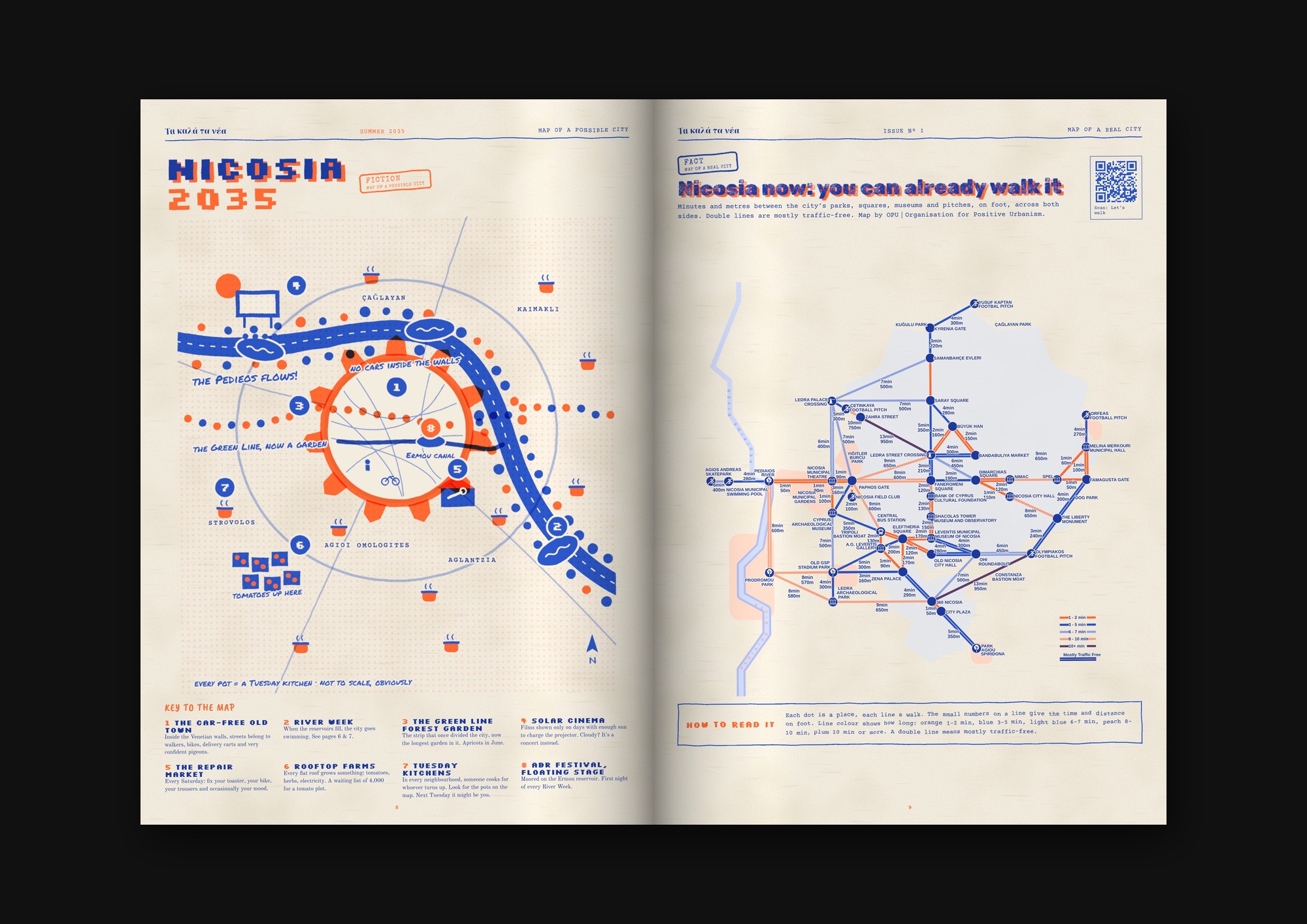 Pages 8 and 9: Nicosia 2035 and the OPU walking map