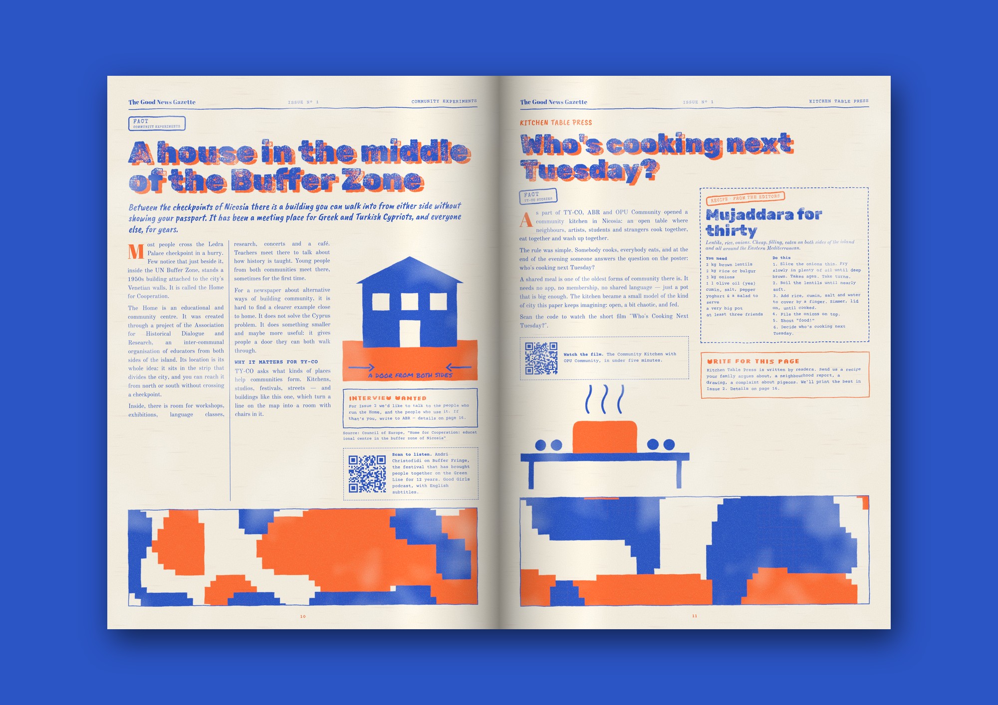 Gazette spread: a house in the middle of the Buffer Zone, and Who’s cooking next Tuesday?