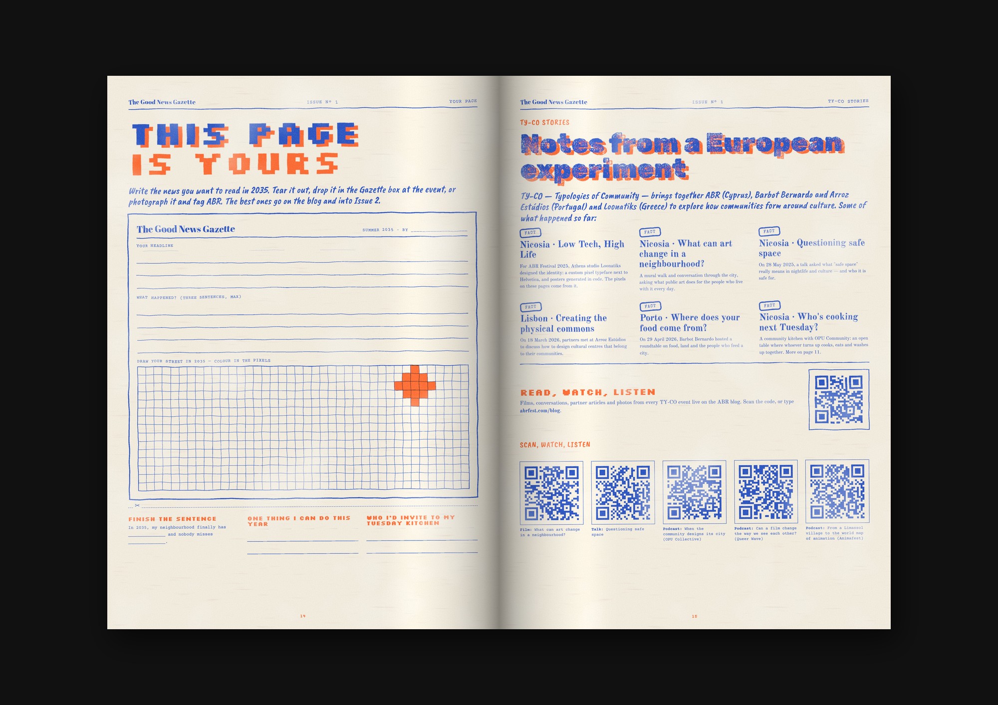 Gazette spread: This page is yours, and notes from a European experiment with QR codes to watch and listen