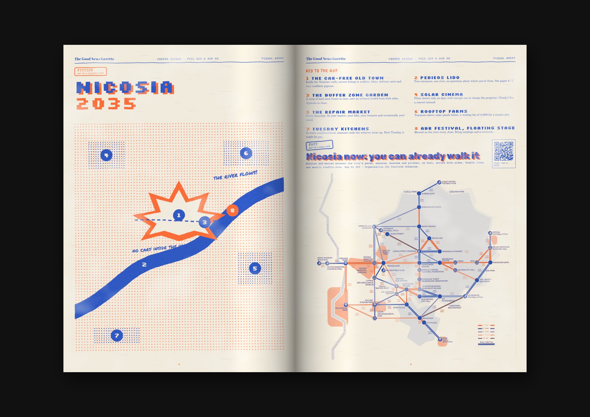 Gazette spread: the pull-out map of Nicosia 2035 next to the walking map of Nicosia today by OPU
