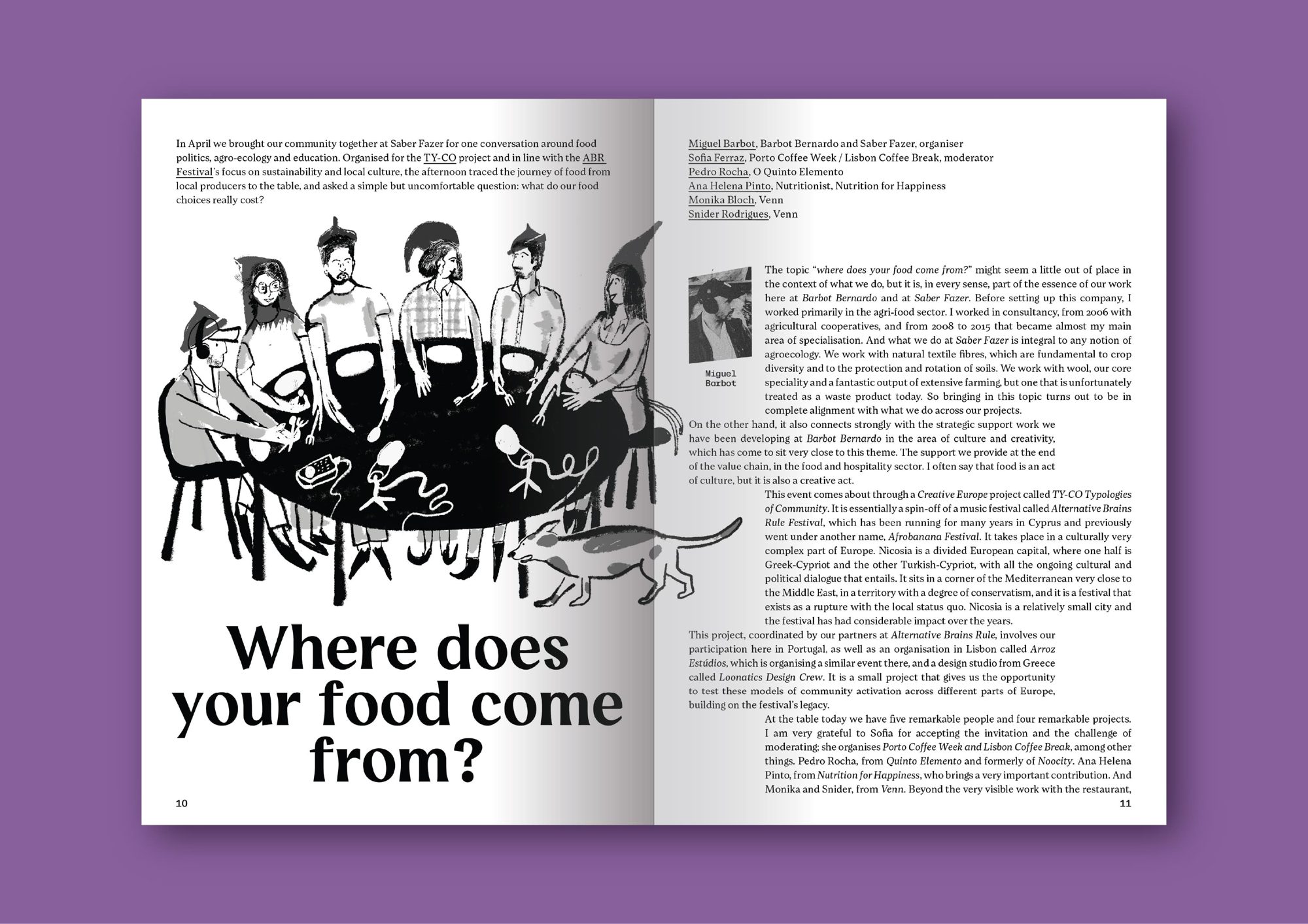 Fanzine spread: the opening pages, with an illustration of the roundtable and the title Where does your food come from?
