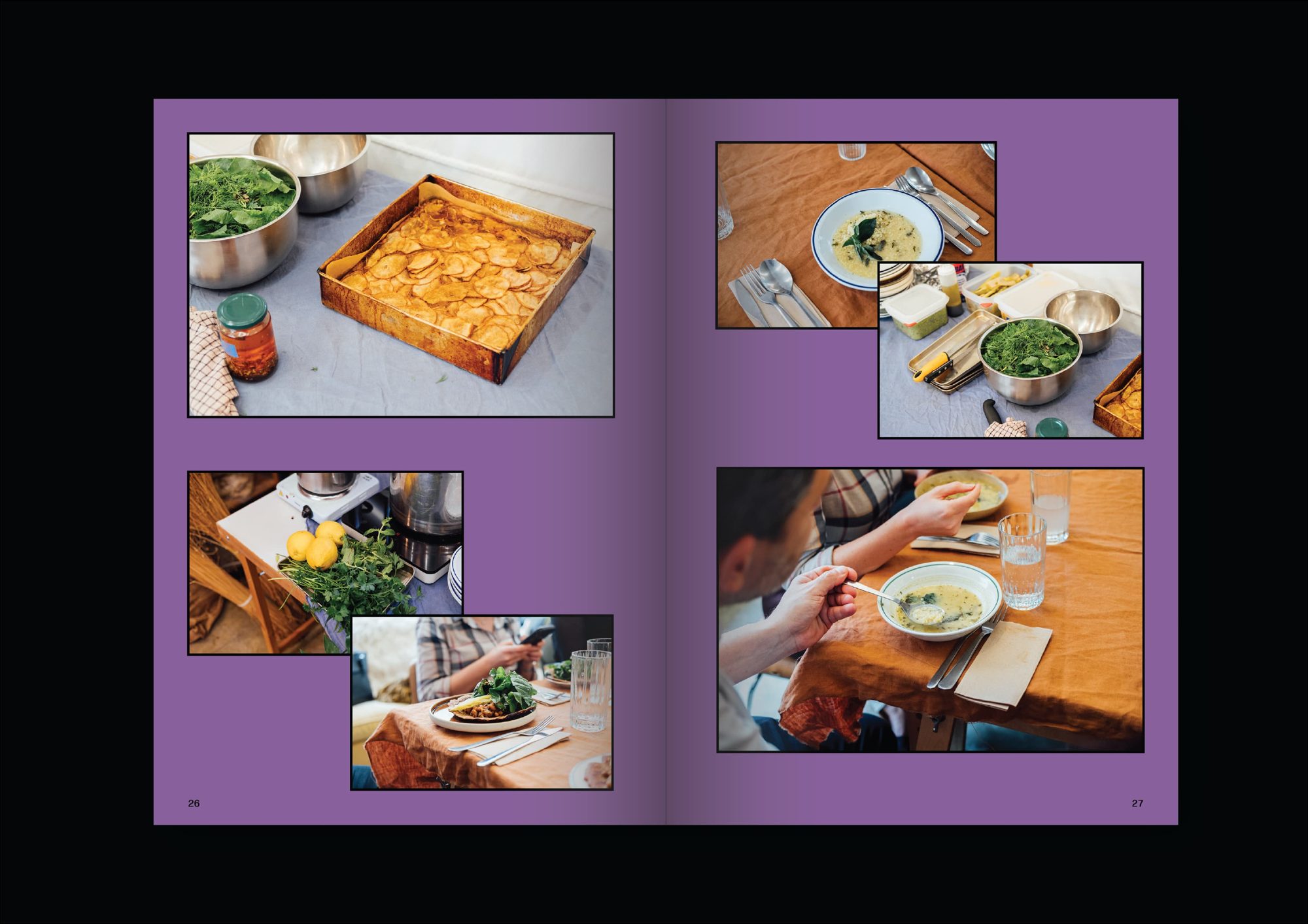 Fanzine spread: photographs of the vegan lunch shared after the roundtable