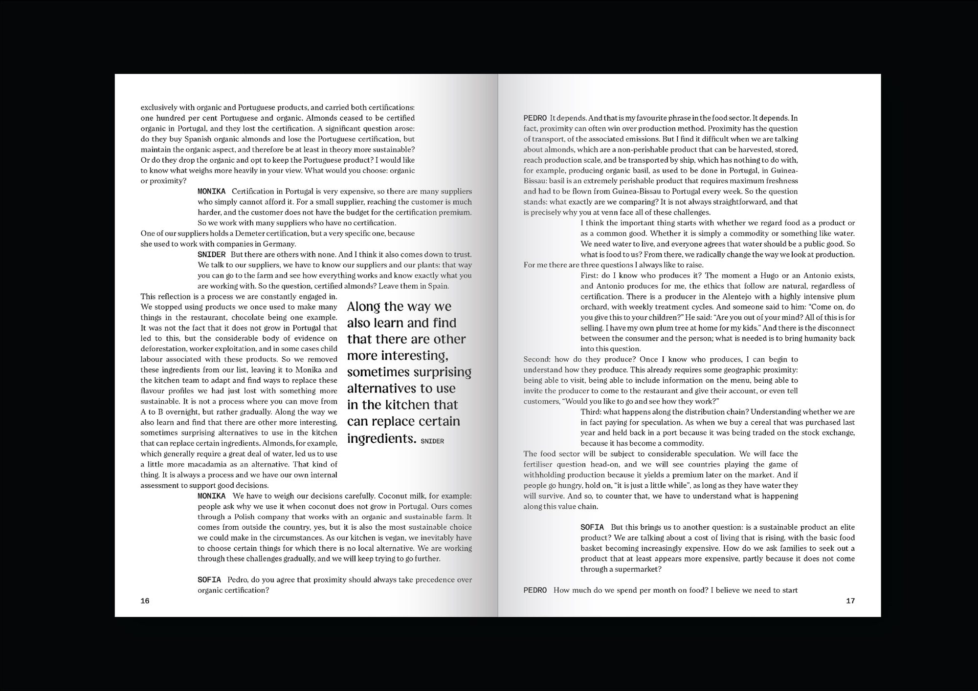 Fanzine spread: the conversation continues, with a pull quote from Snider