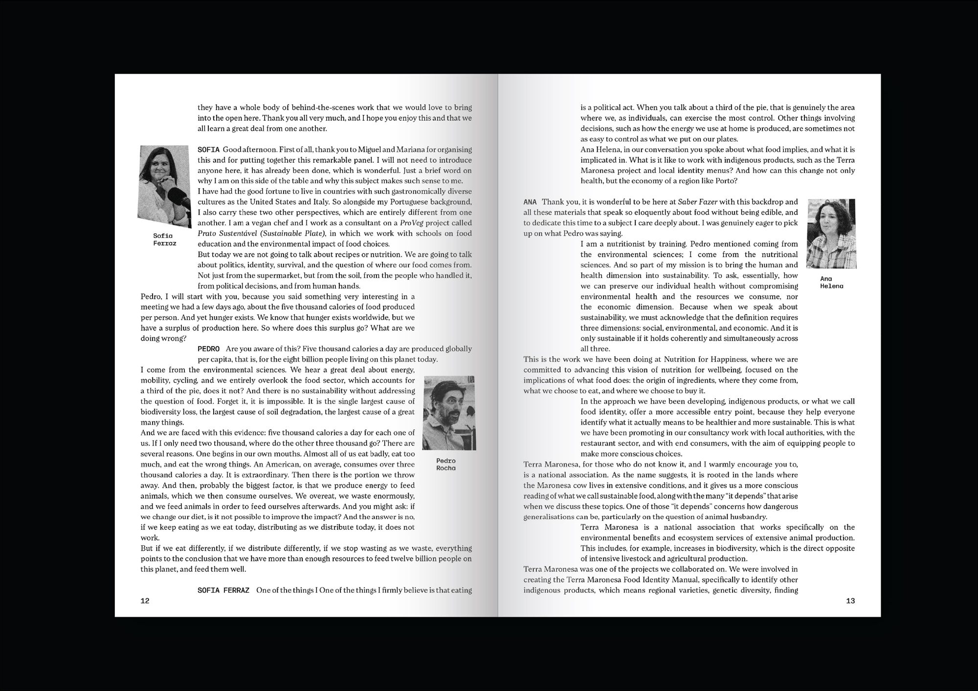 Fanzine spread: the roundtable transcript with hand-drawn speaker portraits